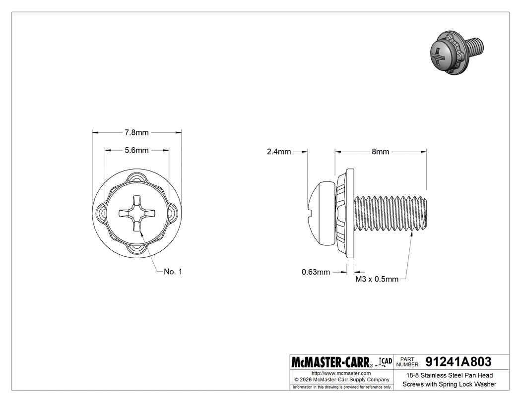 Technical Drawing of 18-8 Stainless Steel Pan Head Screws with Spring Lock Washer, M3 x 0.5 mm Thread Size, 8 mm Long.
